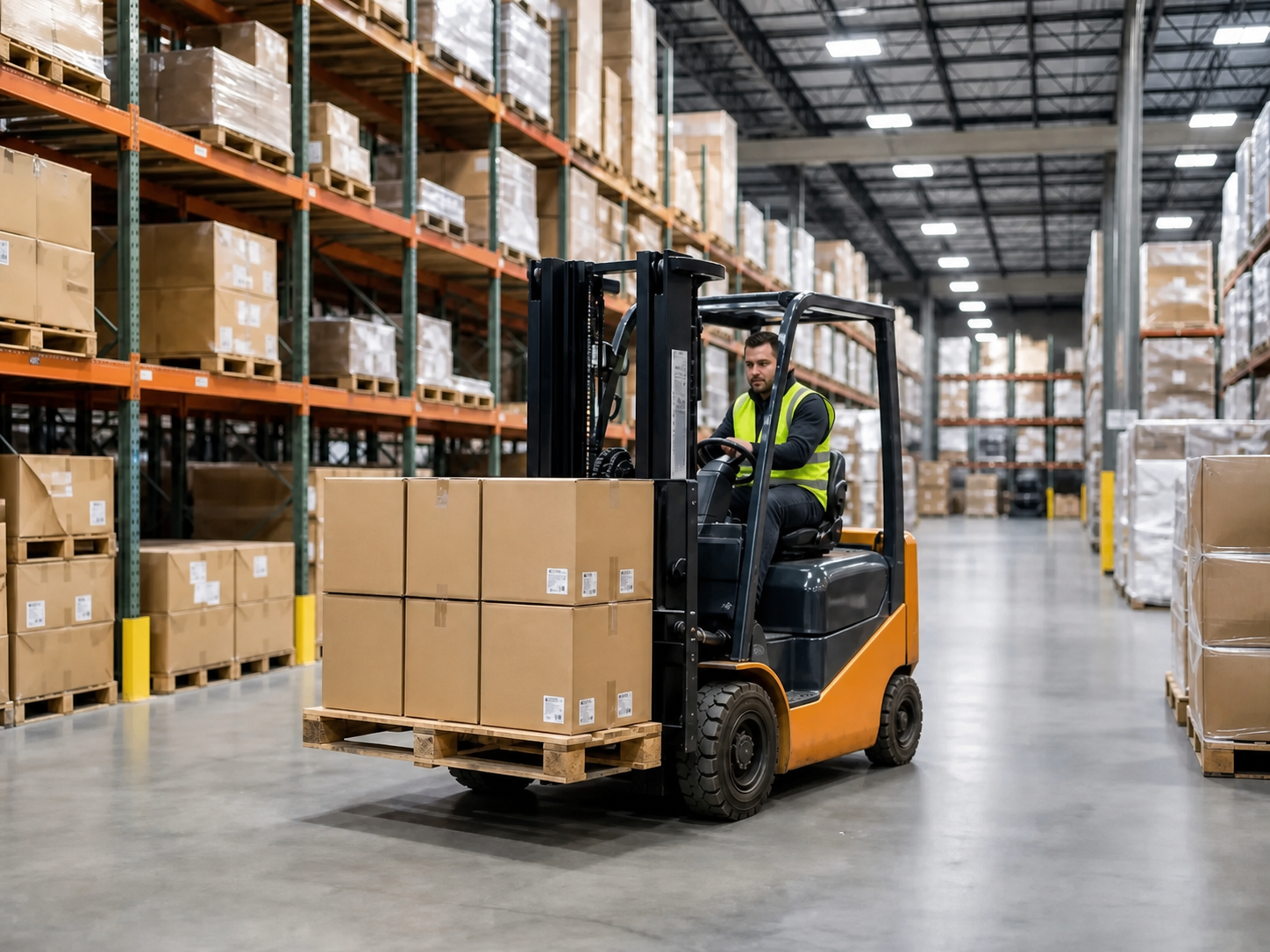 Warehouse operator driving a forklift carrying boxes through stocked aisles