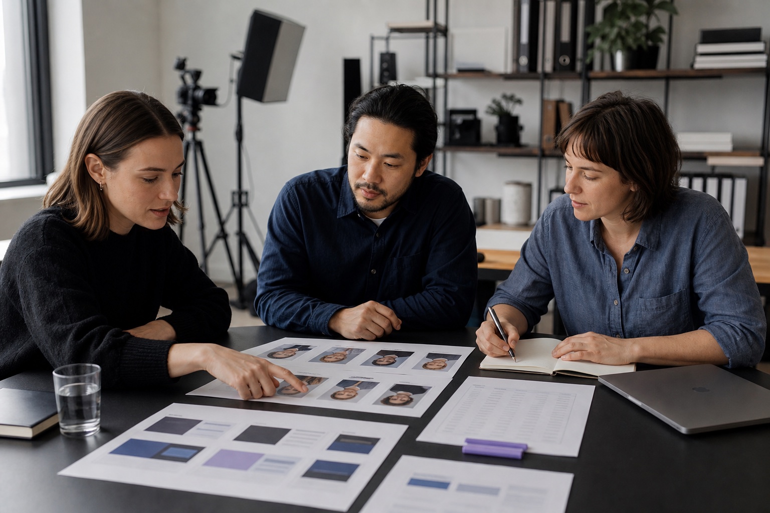 B2B marketing team reviewing campaign creative and an account outreach plan