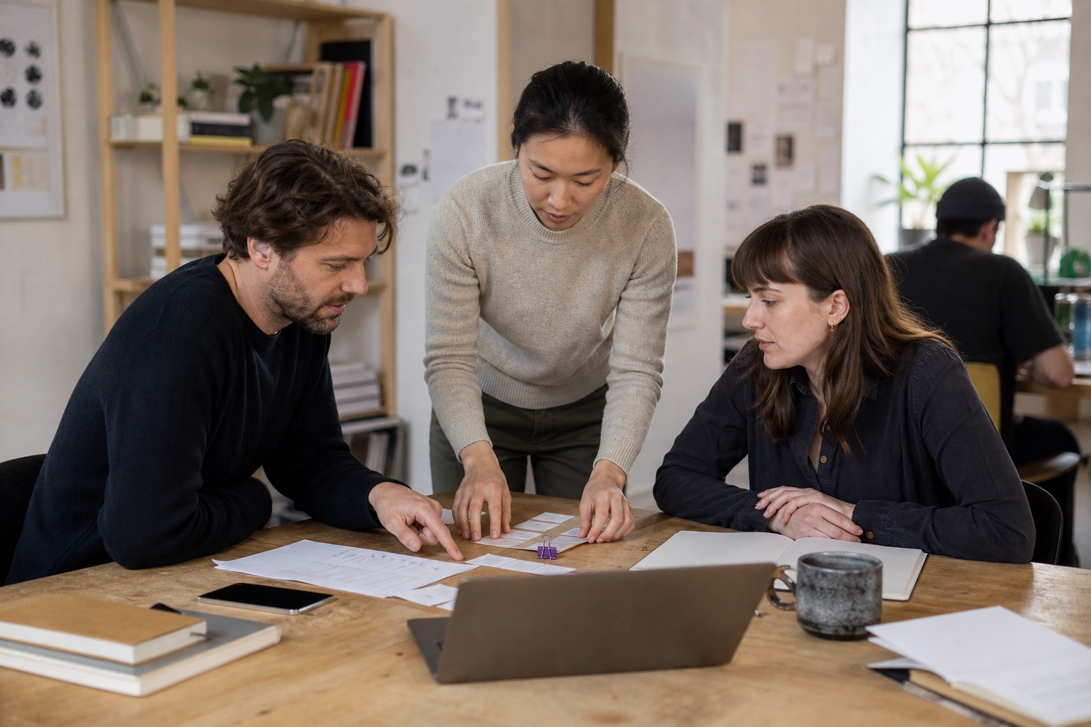 Operations team coordinating a client project around a shared worktable